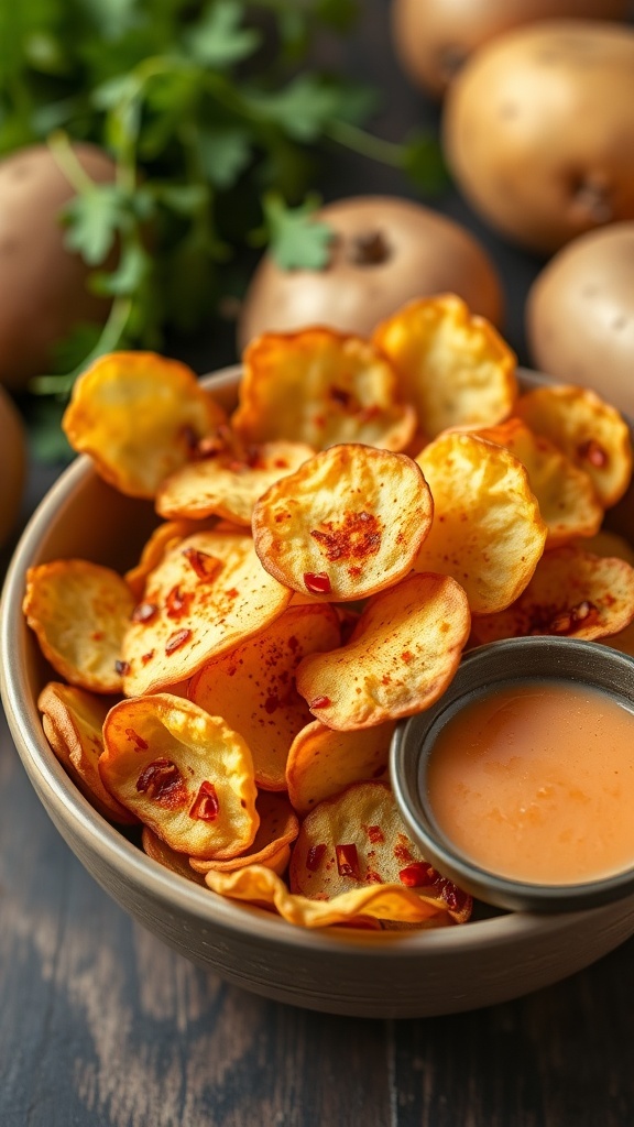 A bowl of golden crispy potato chips seasoned with spices, with whole potatoes and herbs in the background.